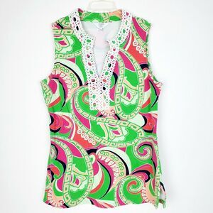 Crown &‎ Ivy Lime Green Pink Crotchet Lace Trim Tank Top Size PS
